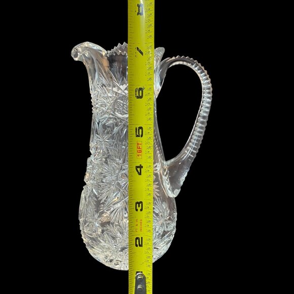 Vintage Cut Crystal Glass Pitcher Intricate Starburst Design & Ribbed Handle - Picture 2 of 13